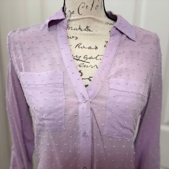Women's Sheer Lavender Button-Up Blouse with Raised Hearts & Long-Sleeves - Picture 2 of 8